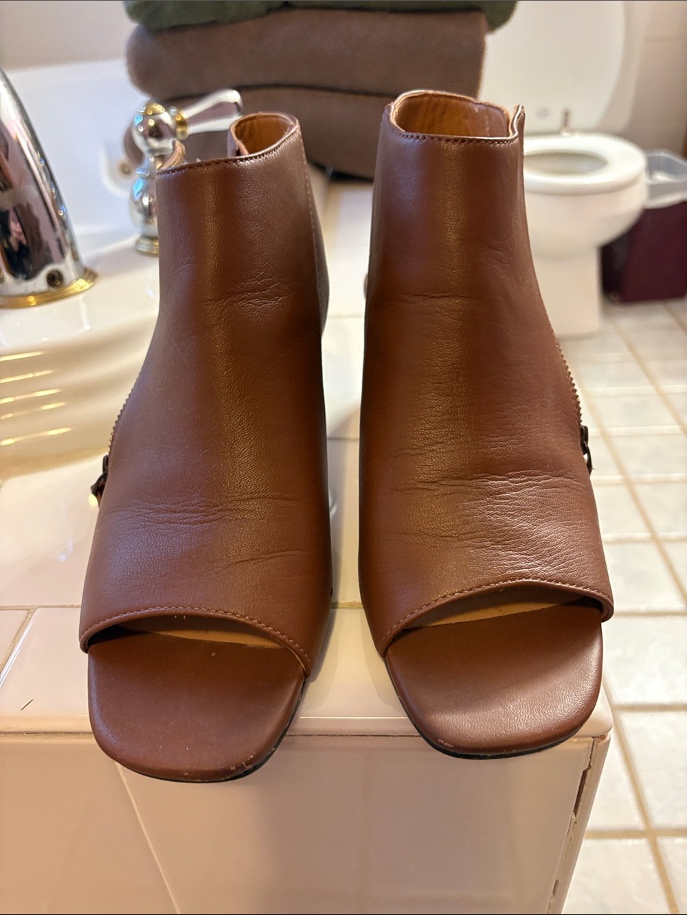 Johnston & Murphy Brown Open-Toe Leather Mule Booties